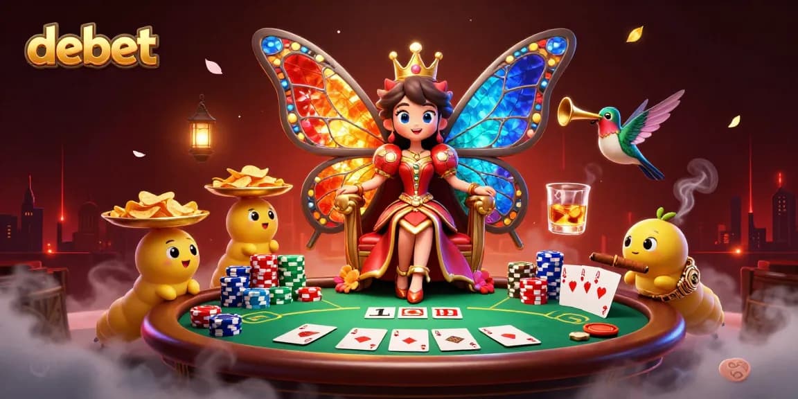 Experience debet with a vibrant 3D scene featuring poker elements and enchanting characters.