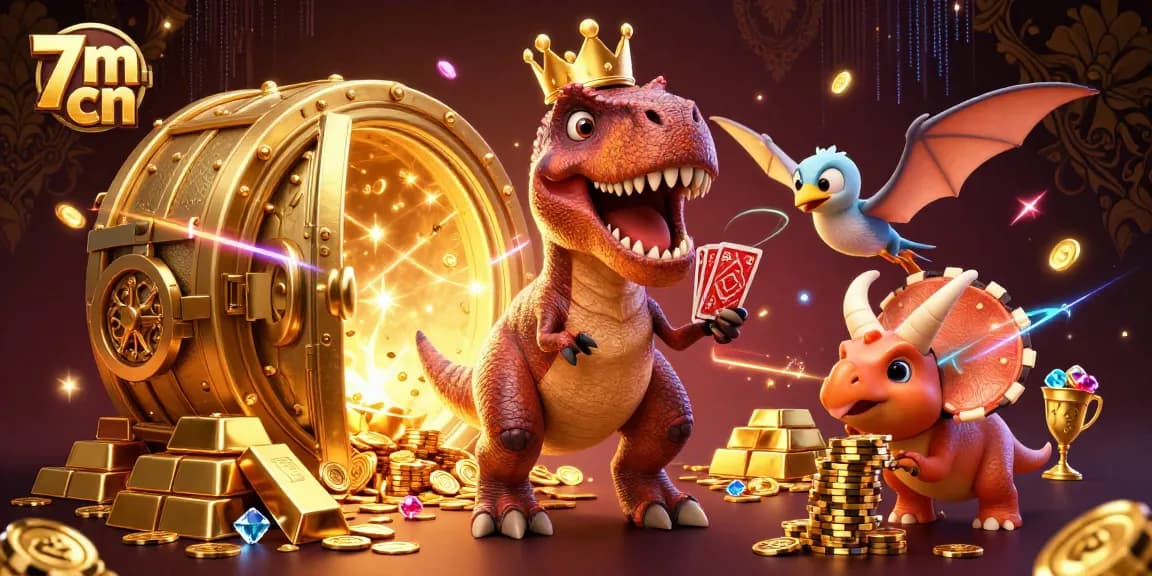 Experience dynamic gameplay with 7m cn in a vibrant 3D gambling scene featuring T-Rex, cards, and golden chips.