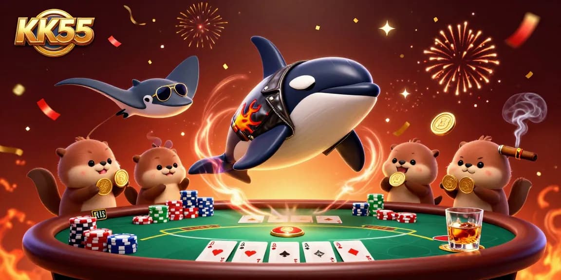 KK55 players enjoying a vibrant casino scene with cartoon characters and poker elements.