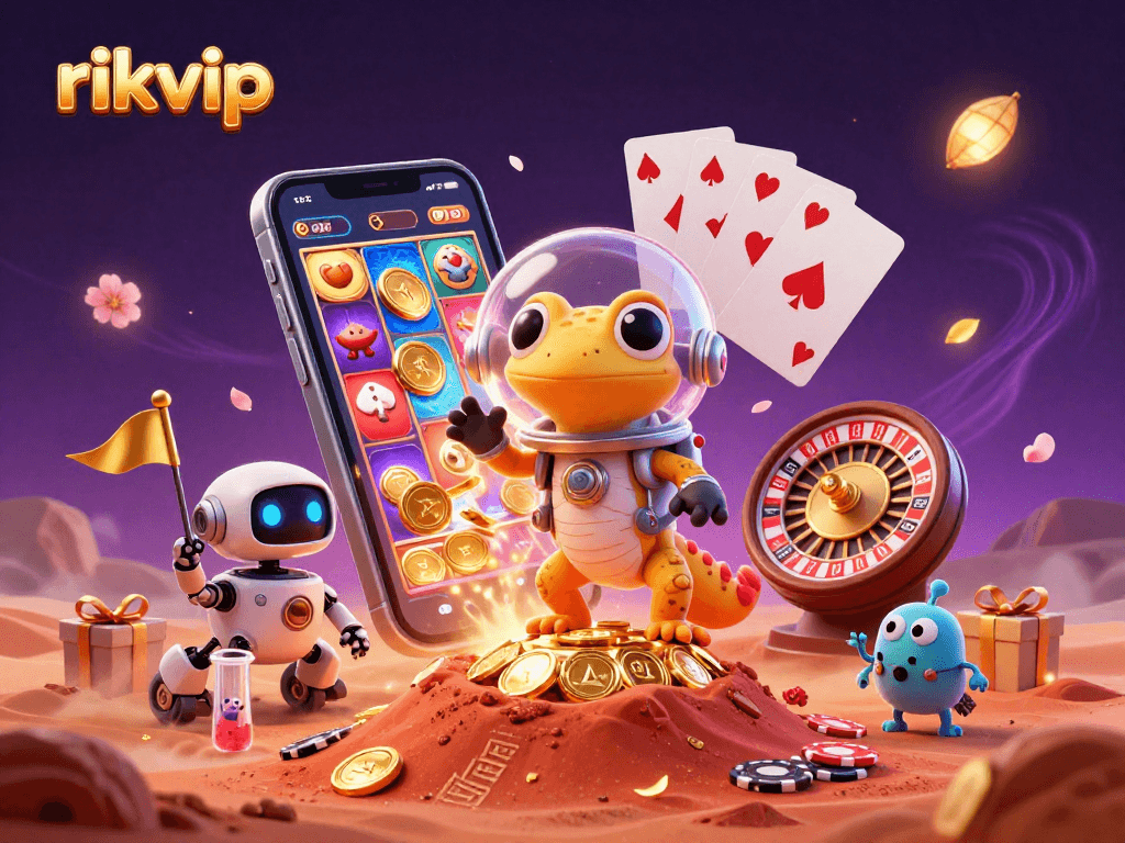 Experience rikvip gaming excitement with a Martian gecko discovering a golden casino in this vibrant 3D illustration.