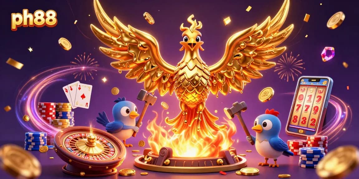 Experience the thrill of ph88 gaming with a golden phoenix soaring amidst coins and casino magic.
