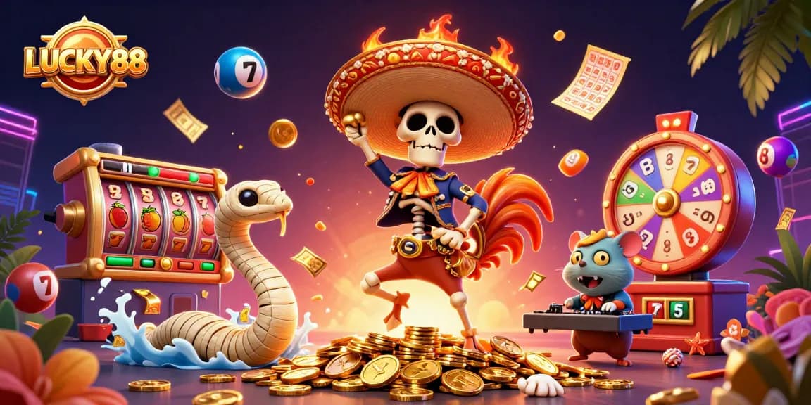 Experience winning with LUCKY88 in this vibrant casino scene featuring dynamic elements.