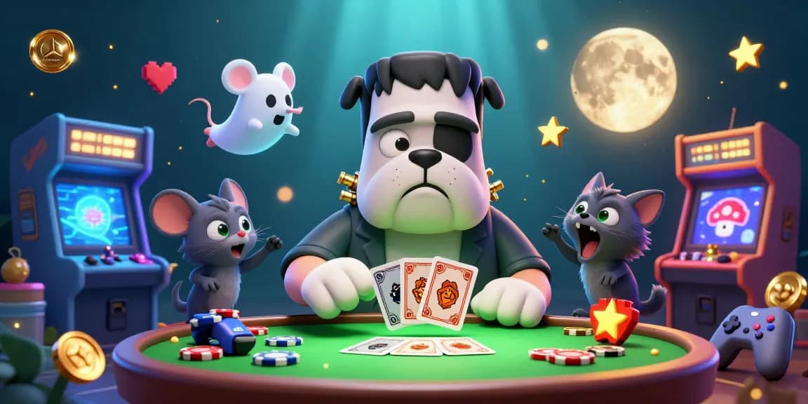 Experience thrilling gameplay at mercedes-nohu as a Frankenstein bulldog monster deals cards in vibrant casino atmosphere.