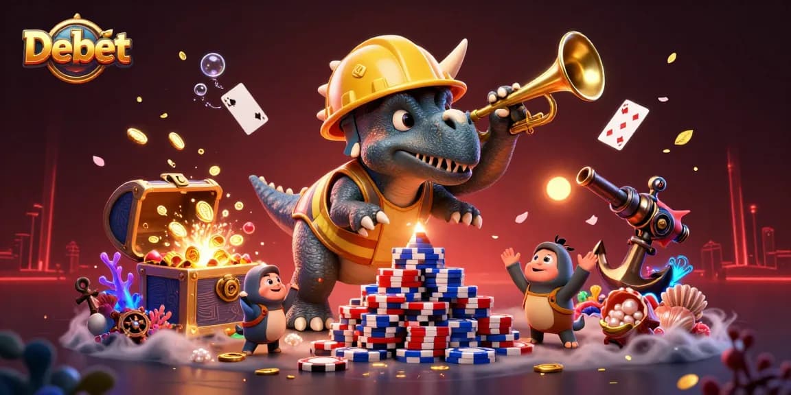 Debet showcases a vibrant casino scene with a cheerful triceratops, poker chips, and treasure elements.