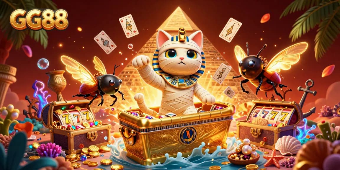 Experience the thrill of GG88 with a mummy cat bursting from a sarcophagus in a vibrant casino scene.