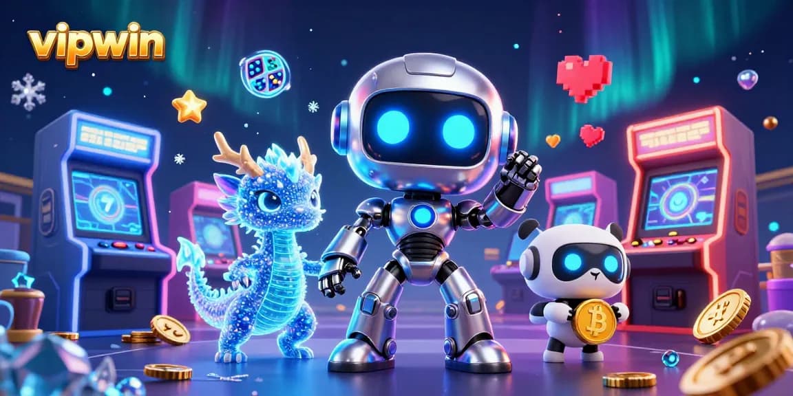 Engage with vipwin's vibrant casino world featuring a cyberpunk robot and a holographic dragon.