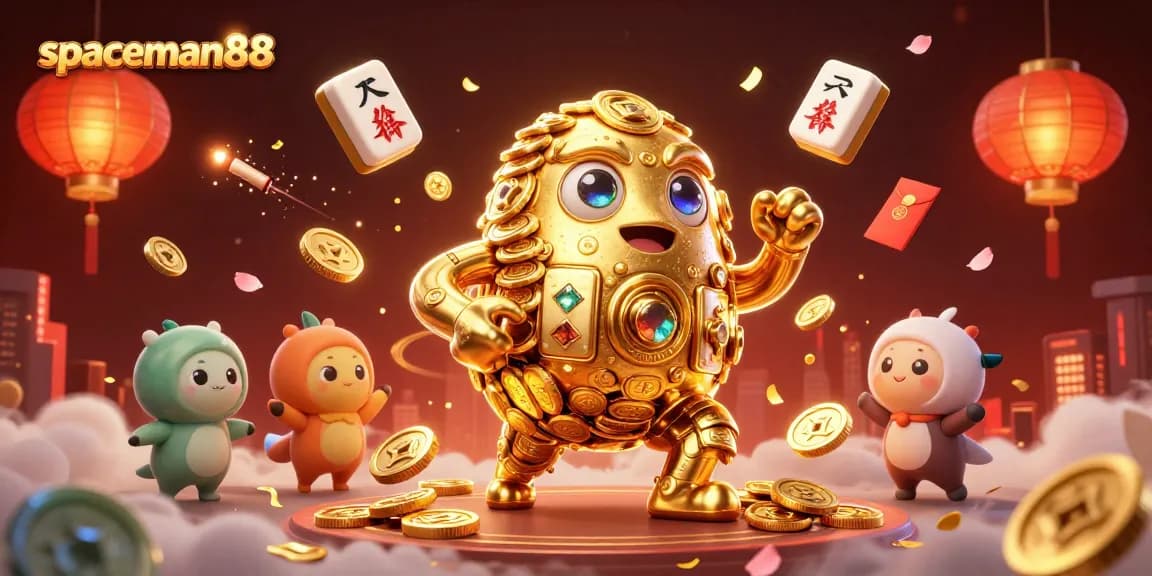 Engage with spaceman88 in a vibrant casino atmosphere filled with golden golems and festive elements.