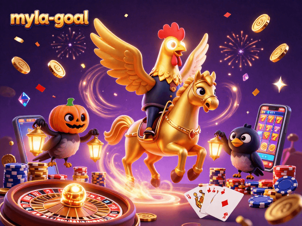 Experience the thrill of myla-goal in this vibrant casino scene with golden treasures and dynamic characters.