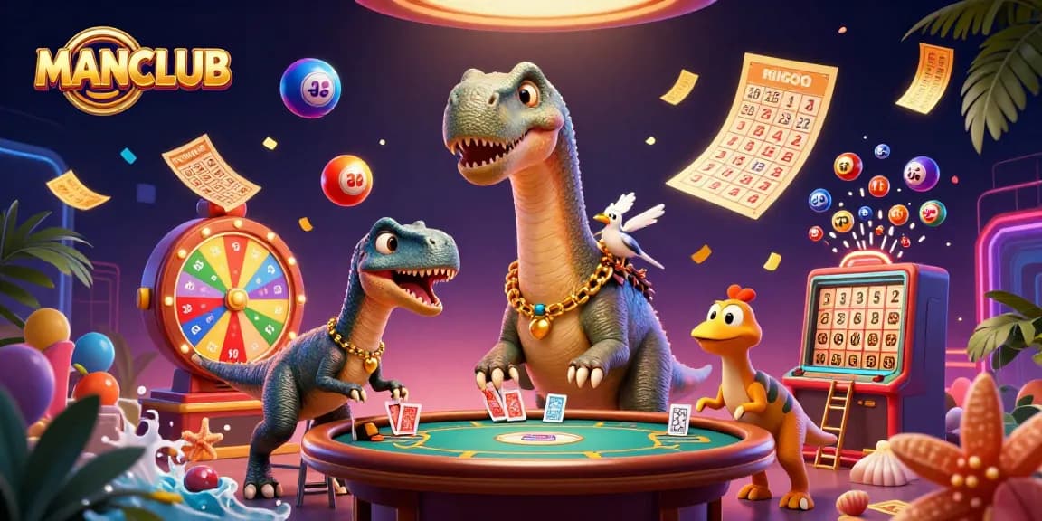 Join the excitement of MANCLUB with a vibrant casino scene featuring whimsical characters and dynamic gambling elements.