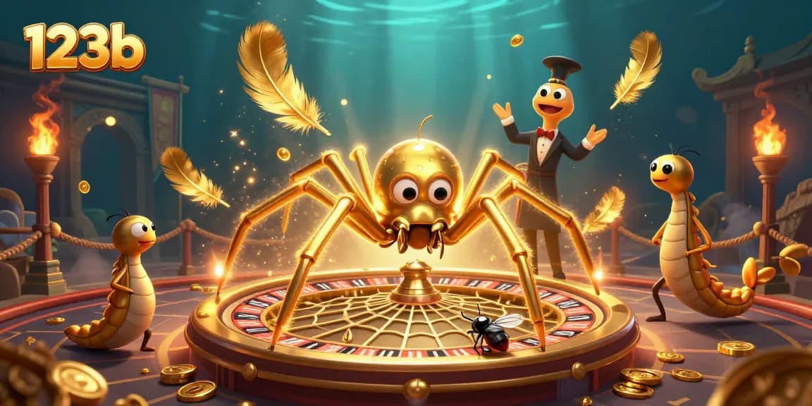 Bet on thrilling spins at 123b's advanced roulette wheel, featuring a golden spider and centipede croupier.