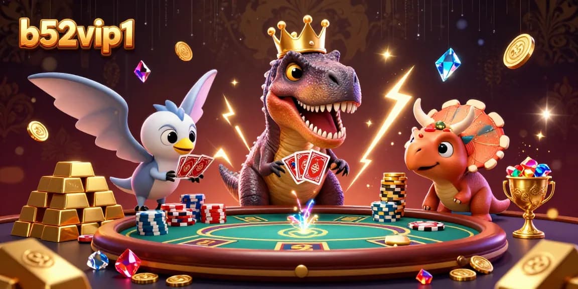 b52vip1 offers an exciting casino experience with a friendly T-Rex shuffling cards and gold stacked high.