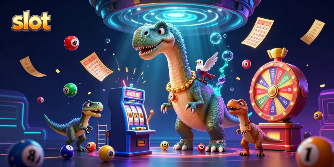 Slot mesin berkilauan dengan brontosaurus dan raptor, efek kembang api dan bola lotere.