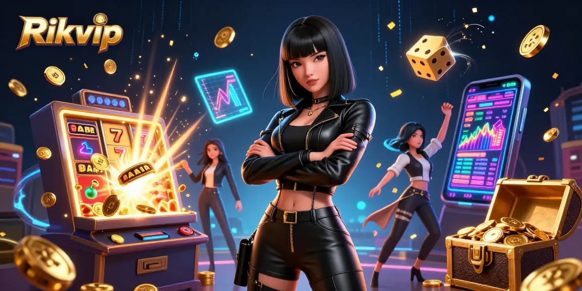 Experience thrilling gaming at Rikvip with jackpot slots and neon crypto elements in a vibrant casino setting.