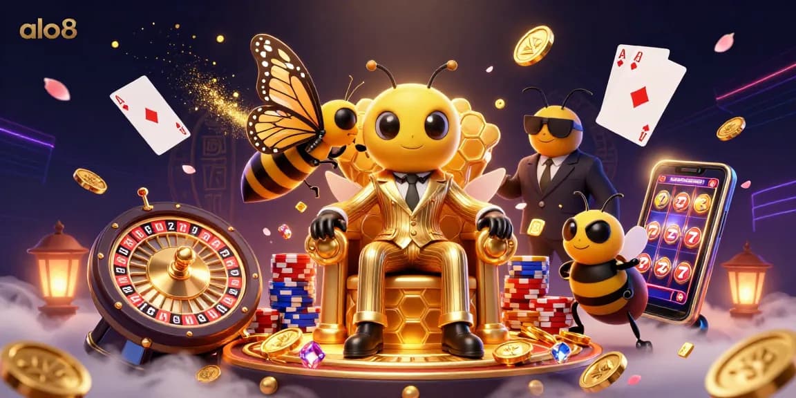 Experience excitement with alo8 in this dynamic casino scene featuring a bumblebee mob boss and lavish gaming elements.