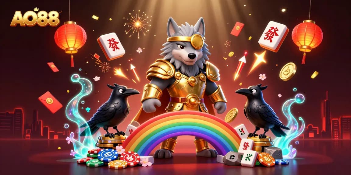 Engage with AO88's premium gaming experience amidst a vibrant 3D illustration of Norse mythology elements.