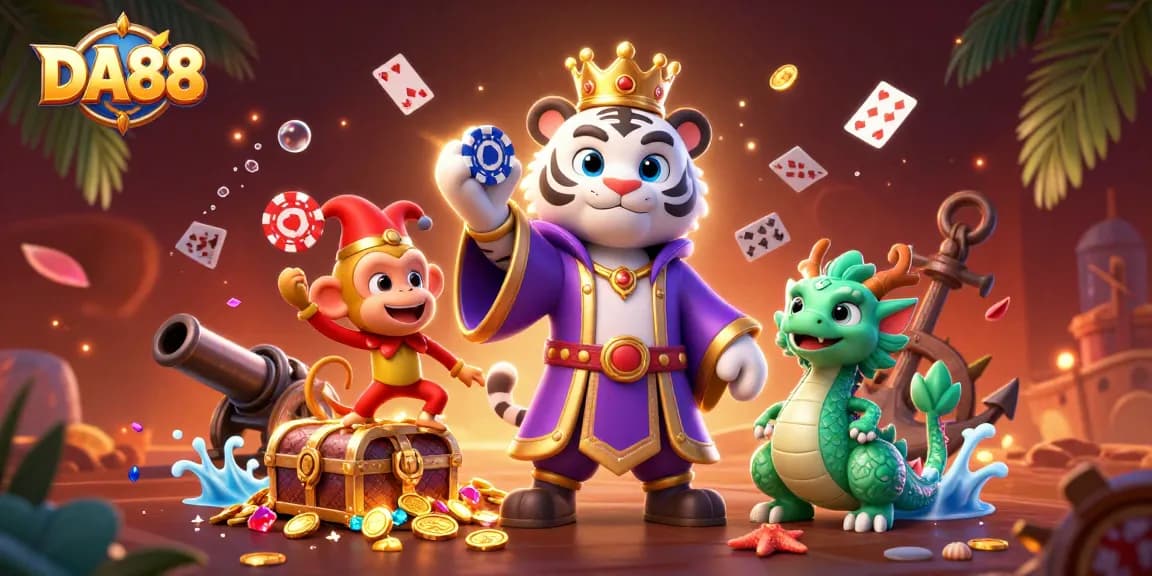 Engage in thrilling gameplay at DA88 with vibrant characters amidst casino magic.