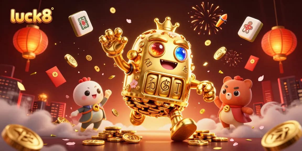 Engage with luck8's thrilling gaming world through a rich illustration of a golden golem surrounded by festive casino elements.