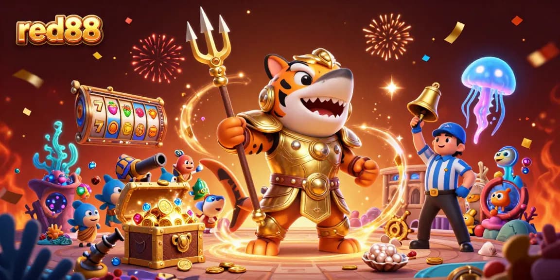 Experience thrilling wins with red88's vibrant underwater casino scene featuring a shark and slot games.