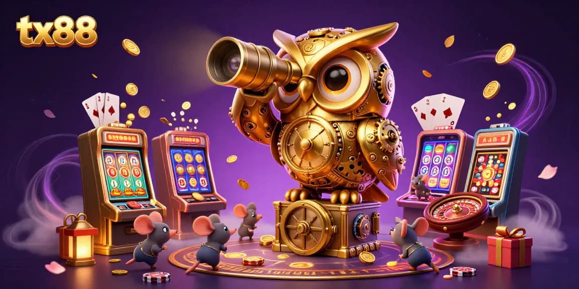 Engage with the tx88 online casino featuring a whimsical golden owl overseeing vibrant gaming activity and decorations.