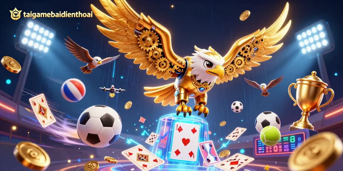 Engage with thrilling moments in taigamebaidienthoai featuring cybernetic eagle diving through digital playing cards.