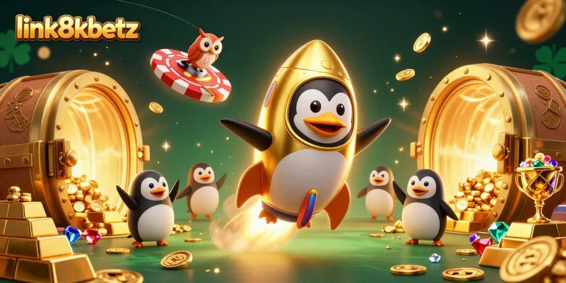 Experience excitement with link8xbetz as a golden penguin blasts to a casino station surrounded by treasures.