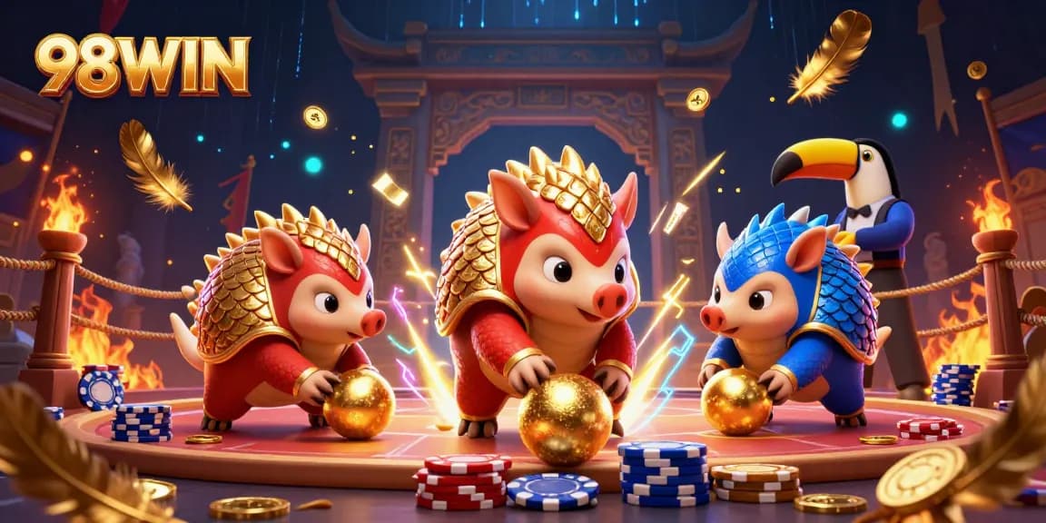 Engage in thrilling gaming adventures with 98WIN, where pangolins battle in a vibrant casino environment.