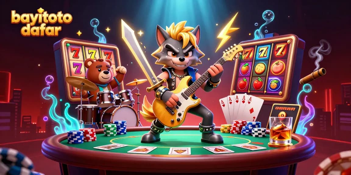Experience the thrill of winning with bayitoto daftar in this vibrant casino scene filled with slot reels and poker elements.