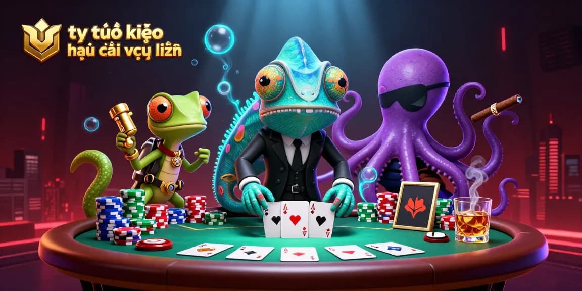 Experience the thrilling action of tỷ lệ kèo nhà cái trực tuyến with a chameleon agent and poker elements in this dynamic illustration.