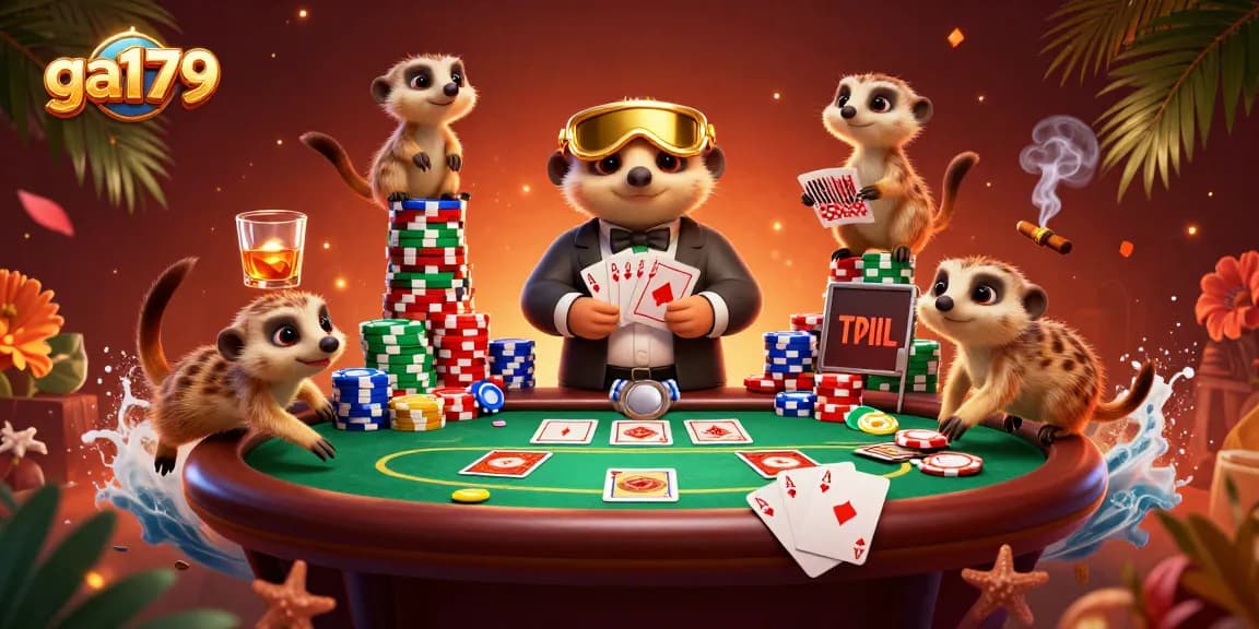 Engage in thrilling poker action at ga179's lively casino with meerkats orchestrating a vibrant game.