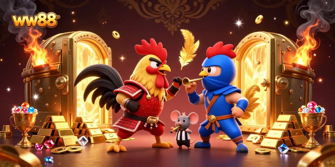 Engage with the thrilling world of ww88 as two roosters battle in a vibrant casino scene filled with treasures.