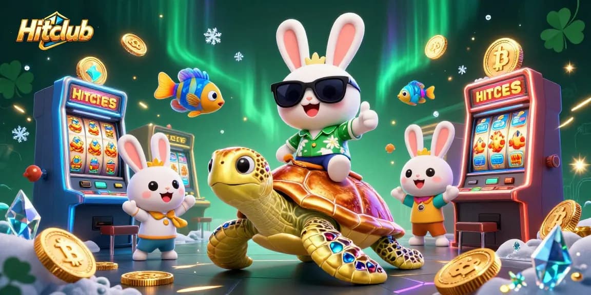 Engage with Hitclub for thrilling slot games, featuring vibrant cartoon characters and dynamic casino elements.