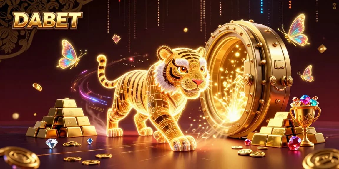 DABET reveals thrilling gaming experiences featuring a golden tiger and treasures in a digital casino.