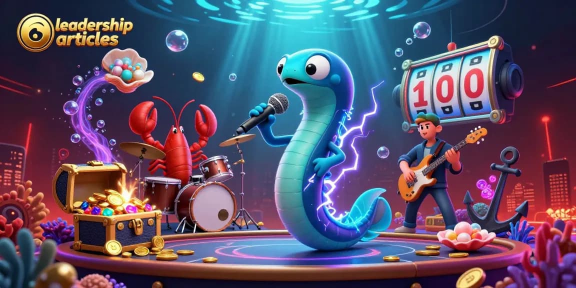 Engage with leadership articles showcasing 3D electric eel DJ at an underwater casino.