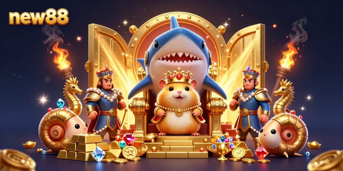 Experience the thrill of new88 with a golden hamster king leading royal seahorse guards in a treasure-filled 3D scene.