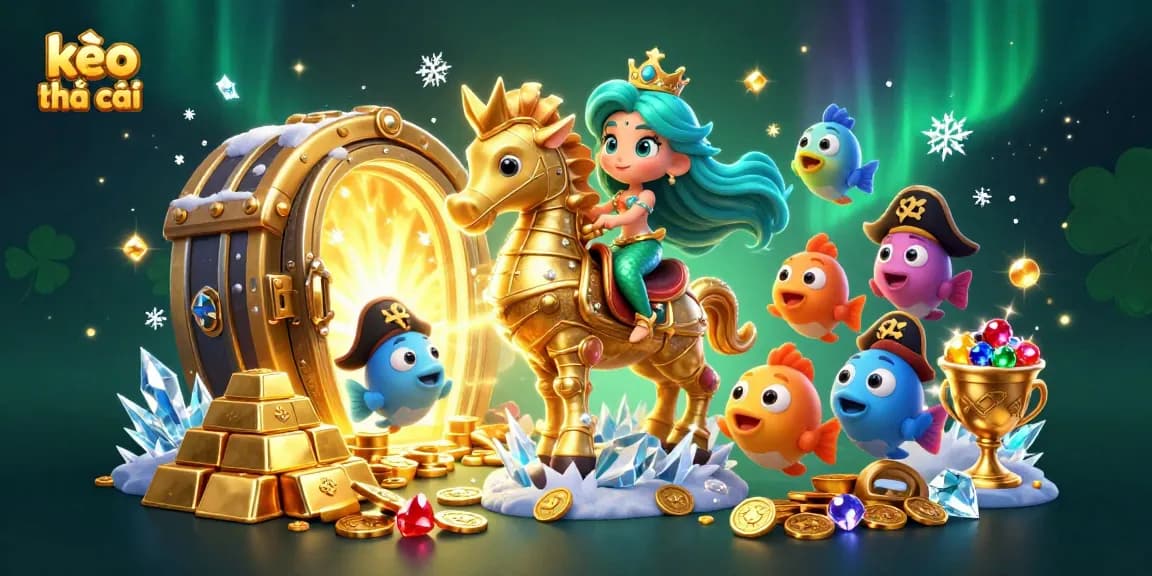 Experience the thrill of kèo nhà cái as cartoon characters dive into a treasure chest of gaming riches.