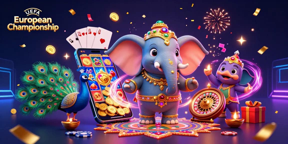 Engage with the UEFA European Championship in this vibrant 3D rendering of a festive scene featuring colorful slot games and dynamic gambling elements.