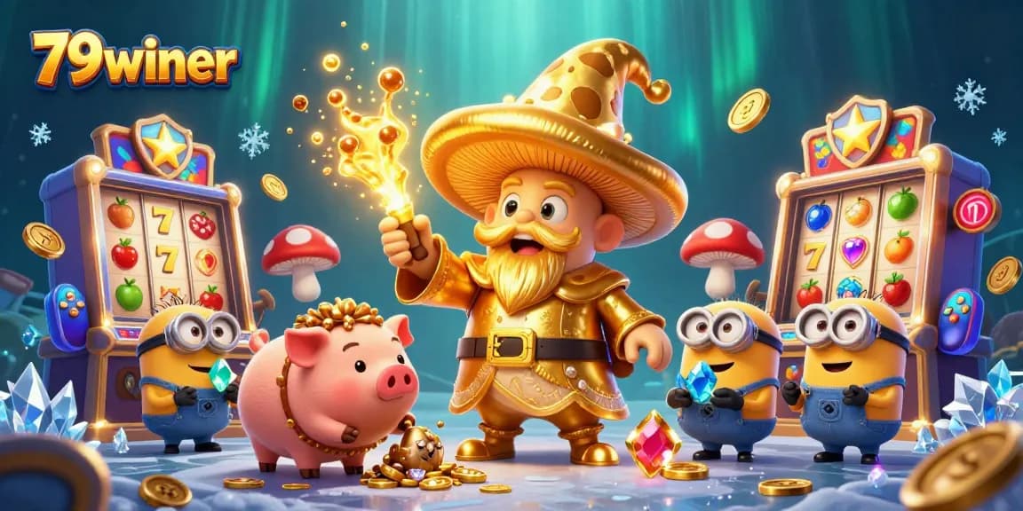 79winer players spin joyous slot reels in a magical casino adventure scene