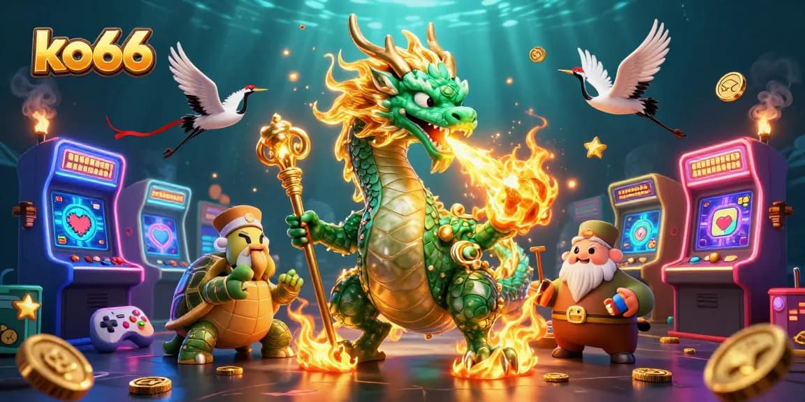 Experience the thrill of winning at ko66 with a dragon and turtle in a vibrant casino scene.