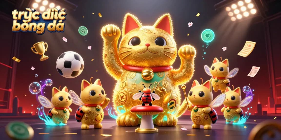 Immerse in trực tiếp bóng đá action with a vibrant golden cat and sports symbols in a dynamic scene