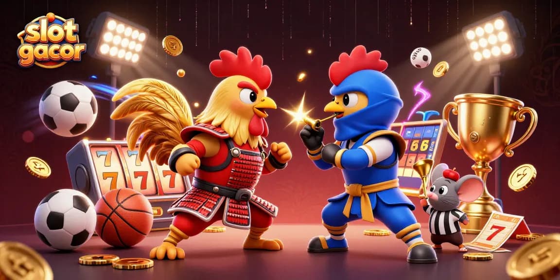 Engaging scene of slot gacor with fighting roosters and vibrant casino elements.