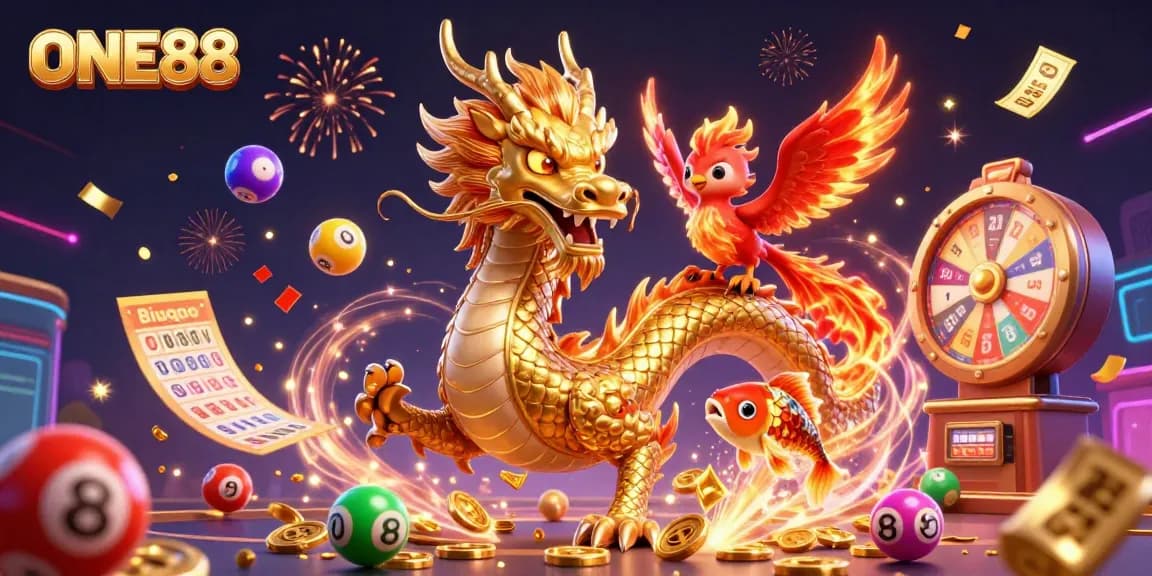 Experience the thrill of winning at ONE88 with a vibrant scene of dynamic games and lucky symbols.