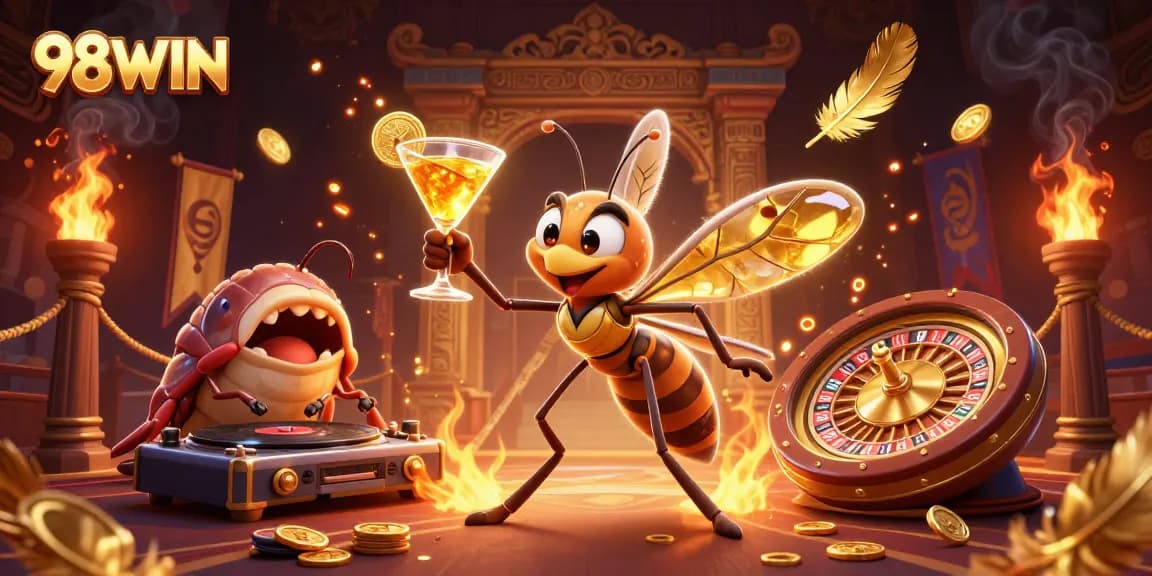 Engage with 98WIN in a vibrant 3D casino scene featuring unique characters and dynamic game elements.