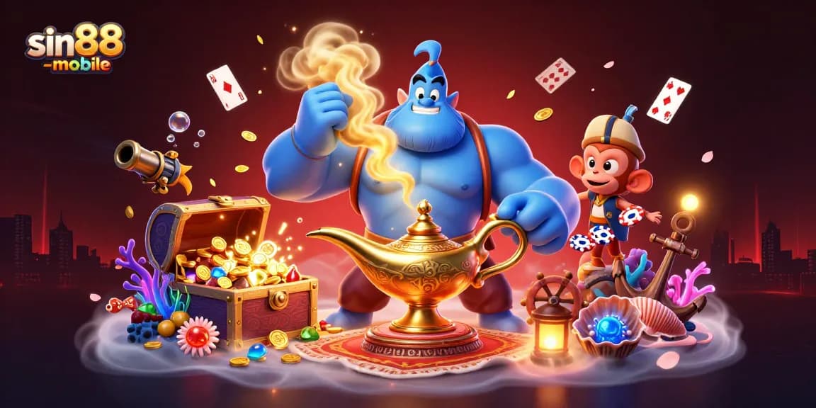 Experience sin88-mobile's magical gaming adventure with a genie, monkey, and poker chips.
