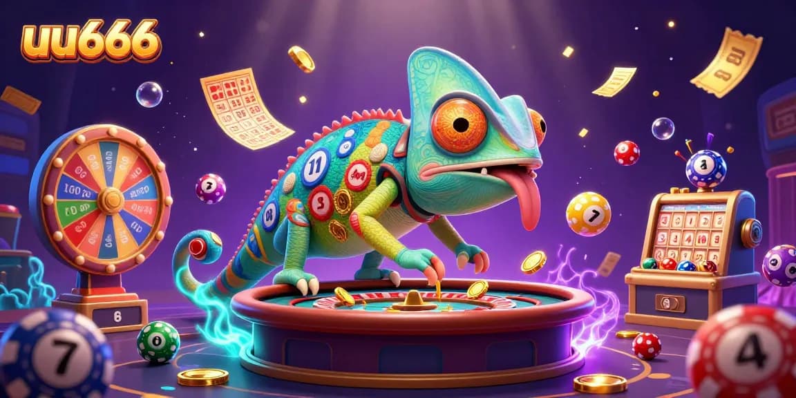 Experience the thrilling world of uu666 with an energetic chameleon casino owner among vibrant game elements.