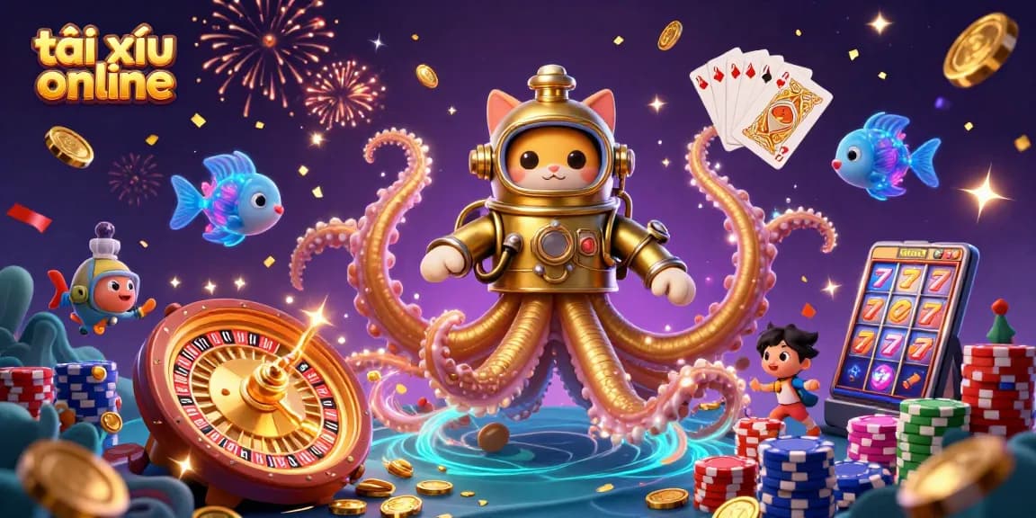 Play tài xỉu online with a vibrant kraken and diving cat amidst cascading coins and colorful poker chips.