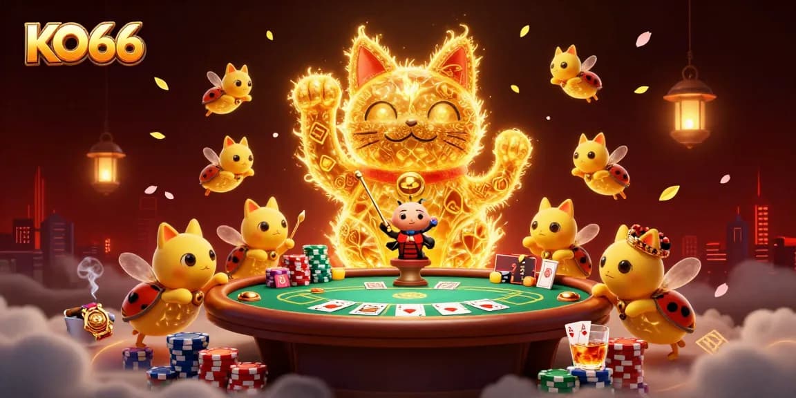 Engage with KO66's vibrant gaming universe featuring golden fireflies and a lucky cat amidst casino elements.