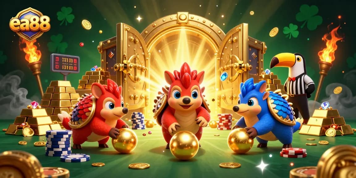 ea88 pangolins bowling through poker chips in a vibrant casino scene filled with gold and gems.