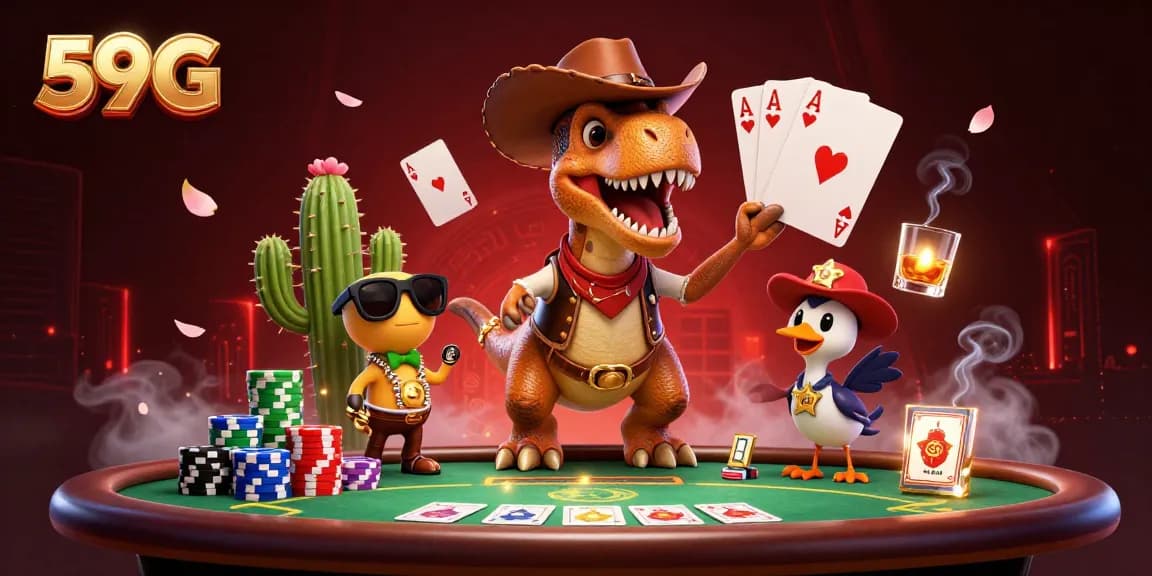 Experience thrilling casino action with 59G in a vibrant 3D animated scene featuring poker elements.