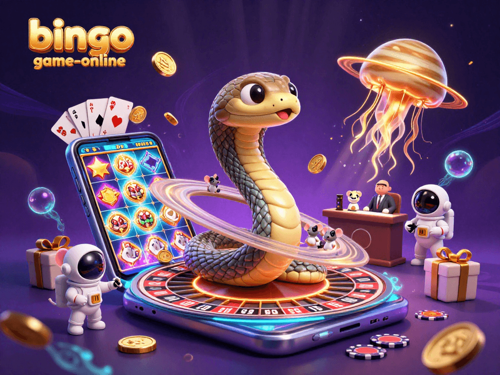Experience jackpot excitement with bingo-game-online as tiny astronaut mice bet in a vibrant cosmic scene.