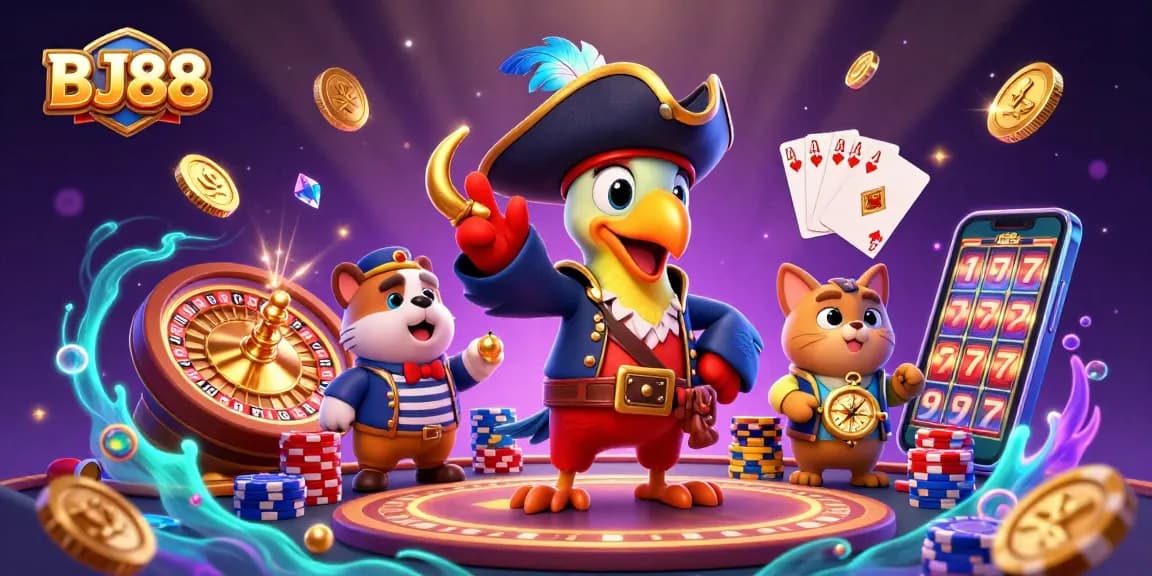 Experience thrilling gameplay with BJ88's 3D pirate-themed casino scene filled with dynamic elements.